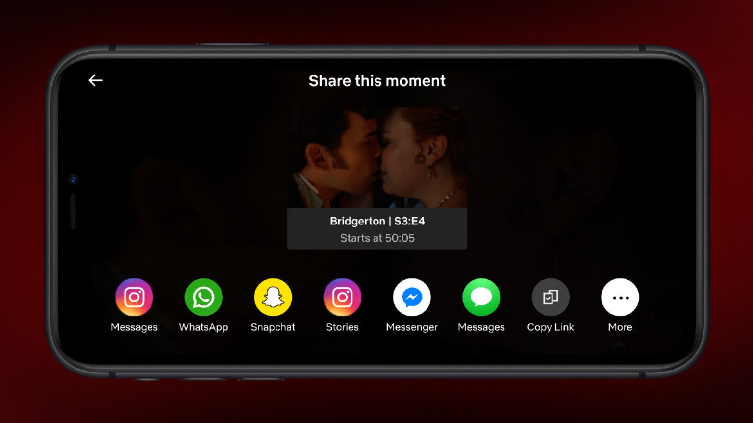 A phone screen shows a clip from Bridgerton and a menu displaying sharing options. 