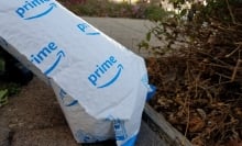 A blue and white Amazon mailer sits on the ground next to a bush.