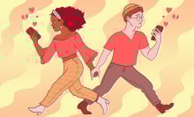 A Black woman and white man hold hands while facing away from each other and staring at their phones.
