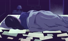 An illustrated woman lies on a bed made of blank photos.