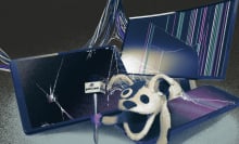 A collage featuring the Pets.com puppet mascot amid tech in poor condition