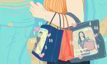 Illustration of a person's arm holding shopping bags, each of which has an image of a teleshopping salesperson holding up items for sale. 