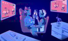 two gamers clinking glasses