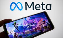 A phone displaying a Horizon Worlds advertisement.