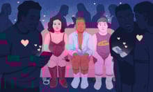 Kinky people sitting on a couch surrounded by people on their phones