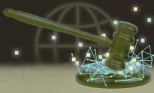 A judge's gavel hitting a desk, with elements