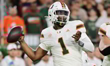 Cam Ward #1 of the Miami Hurricanes drops back to throw a pass in the first quarter against the South Florida Bulls at Raymond James Stadium on Sept. 21, 2024, in Tampa, Florida. 