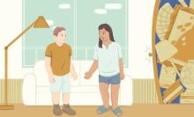 Two people in a minimalist home, but with a secret closet full of past purchases showing that they are just following the trend.