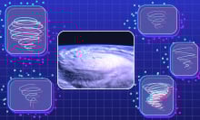 composite image of a satellite image of hurricane milton surrounded by drawings of tornado-like spirals.
