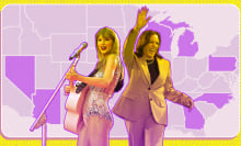 Taylor Swift next to Kamala Harris in front of a map of the US with battleground states highlighted in purple. 