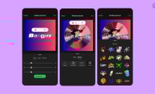 Three iPhone screens displaying the process of editing playlist cover art in the Spotify app. 