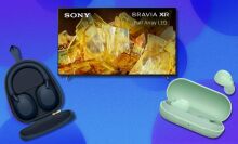 sony headphones, a sony TV, and sony earbuds on a blue background