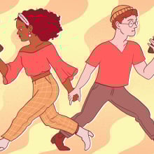 A Black woman and white man hold hands while facing away from each other and staring at their phones.