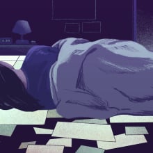 An illustrated woman lies on a bed made of blank photos.