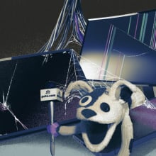 A collage featuring the Pets.com puppet mascot amid tech in poor condition