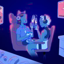 two gamers clinking glasses
