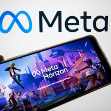 A phone displaying a Horizon Worlds advertisement.