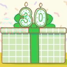 illustration of a gift-shaped birthday cake with a candle in the shape of the number 30