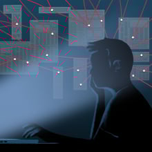 A man looks at this computer, surrounded by red lines connecting with data points.