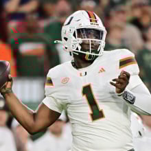 Cam Ward #1 of the Miami Hurricanes drops back to throw a pass in the first quarter against the South Florida Bulls at Raymond James Stadium on Sept. 21, 2024, in Tampa, Florida. 