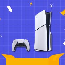 PlayStation 5 and controller on pink background