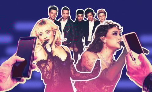 Hands taking photos of Sabrina Carpenter, One Direction, and Chappell Roan.