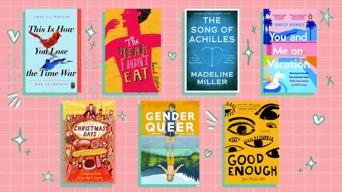 Seven book covers on a pink grid background with little hearts and stars illustrated over them.