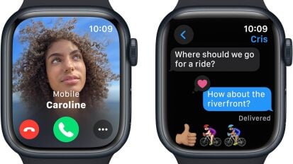 Two apple watches side by side showing an incoming call and a text thread