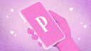 A drawn hand holding a phone with the Plenty of Fish logo
