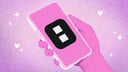 A drawn hand holding a phone with the DUST logo
