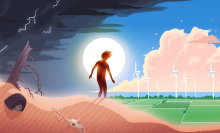An illustration of a person walking out of a barren desert into a lush green wind farm.
