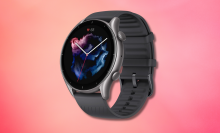 Amazfit GTR 3 against a pink background