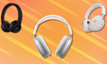 Headphones on orange and white abstract background