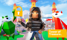 A long-haired Roblox character holds a hovering gold padlock, surrounded by colorful plants and characters.