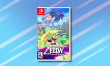 'The Legend of Zelda: Echoes of Wisdom' on blue abstract background