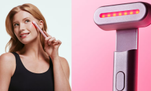 woman using solawave skincare wand and lifestyle image of solawave skincare wand