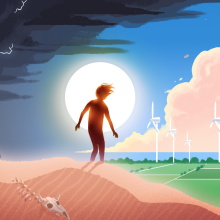 An illustration of a person walking out of a barren desert into a lush green wind farm.