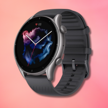Amazfit GTR 3 against a pink background