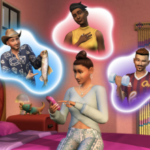 A Sim looks at their phone, above them are three speech bubbles with three different male Sims.