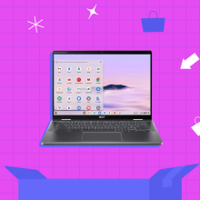 an acer chromebook above a blue box against a pink grid background surrounded by shopping icons