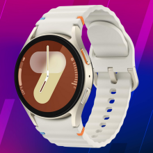 Samsung Galaxy Watch 7 40mm in silver on a purple gradient / patterned background