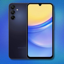 Samsung Galaxy A15 smartphone on light blue and purple abstract background