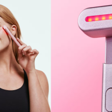 woman using solawave skincare wand and lifestyle image of solawave skincare wand