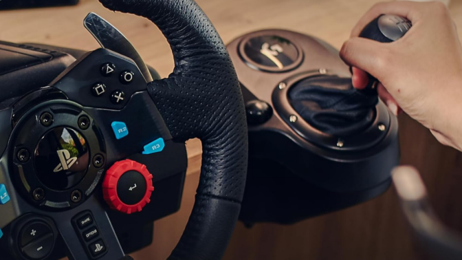 close up of the Logitech racing wheel and shifter 