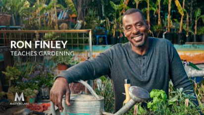 person smiling from behind plants, with an arm over watering can, with text saying "ron finley teaches gardening"