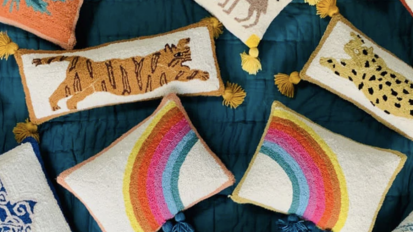 Hook pillows in different patterns on teal background